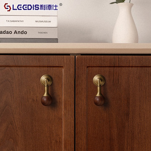 Leedis Chinese Style Brass Walnut Wood Round Handle For Wardrobe Drawer Cabinet <b>Door</b> - Product Image 2