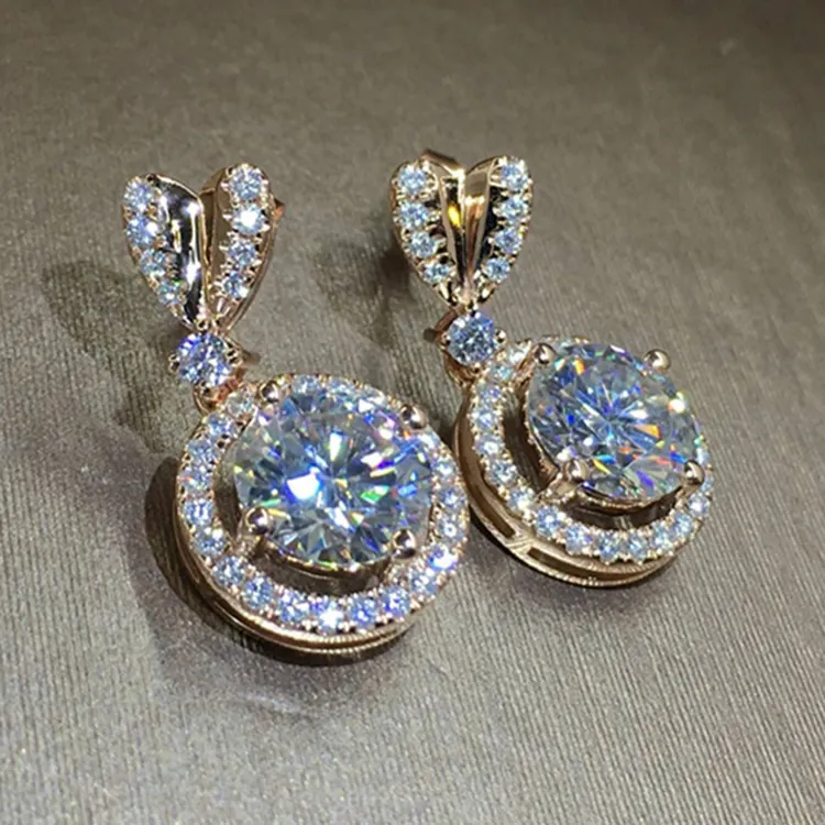 CAOSHI Perhiasan Pernikahan Anting CZ Bulat, Anting-Anting Zirkon Mode Pelapisan Emas Liontin Hati Kristal untuk Wanita