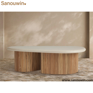 Mesa de Centro para Exteriores Estilo <span class=keywords><strong>Alesso</strong></span>, Ovalada, con Tapa de Piedra Blanca, Base Acanalada de Madera de Teca Sólida, Mesa Moderna para Patio y Jardín - Product Image 5