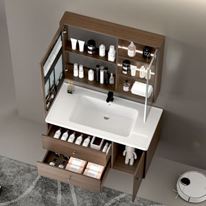 Mueble de Baño Moderno de Madera Sólida de Lujo para Villa, con Espejo Inteligente, Lavabo de Cerámica, Montado en la Pared, con Dos Cajones Silenciosos - Product Image 4