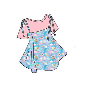 Completo due pezzi per <span class=keywords><strong>bambina</strong></span> con stelle e brillantini, nuovo stile a farfalla, gonna a righe casual con top a maniche corte e fiocco. - Product Image 1