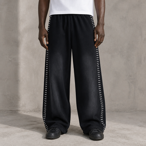 Pantalon de survêtement ample pour homme, motif délavé, jambe large, cordon de serrage, style streetwear, avec strass, décontracté, personnalisable, vente en gros - Product Image 1