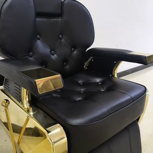 Fauteuil de Barbier Moderne en Similicuir Noir avec Structure Métallique Dorée, Hauteur Réglable, Pompe Hydraulique, Base Ronde, Mobilier de Salon - Product Image 2