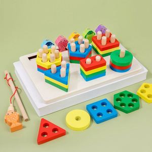 2 in 1 Fishing Game Montessori Wooden Motor Skills Geometric <b>Block</b> Color <b>Shape</b> Sorter Puzzle Toys - Product Image 2