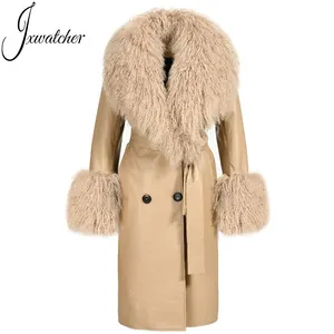 Wholesale Double Breasted Real Sheepskin Coat Mongolian Fur Collar Autumn Lapel Trench Genuine Leather Coats with Fur for Ladies