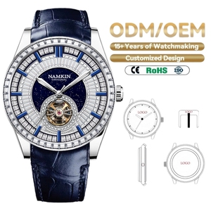 50 Pcs Custom Logo Men Diamond Set Dial Mechanical Watch Genuine Leather Strap 5ATM Waterproof Luxury Skeleton Automatic Watches - Product Image 1