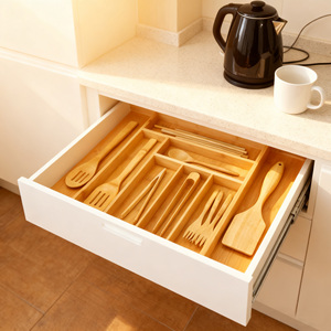 बर्तन धारक के लिए बांस का एक्सपेरियर, समायोज्य कटलरी ट्रे, लकड़ी दराज डिवाइडर डिवाइडर्स सिल्वरवेयर के लिए आयोजक - Product Image 4