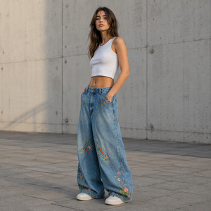 Jeans Vintage con Ricami Botanici a Gamba Larga per Donna, Pantaloni in <span class=keywords><strong>Denim</strong></span> con Cuciture Curve, Blu Scuro e Blu Chiaro - Product Image 2