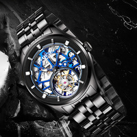 Jam Tangan Tourbillon Pria OEM dengan MOQ Kecil, Logo Custom, Kualitas Tinggi, Casing Stainless Steel Hitam Mewah, Tali Kaca, Dial Penunjuk Biru