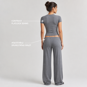 Conjunto Deportivo CHARLO para Mujer, Top Corto Gris de Manga Corta y Pantalones Anchos, Cuello Redondo, Cordón Ajustable, Color Sólido, Ropa Deportiva Informal - Product Image 2