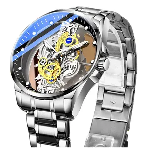 Fashion Stainless Skeleton Hollow See Through Business Leather Round Sports Luxury Wrist Analog Quartz Watches montres homme Men