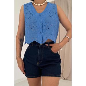 เสื้อชีฟองปักลายดอกไม้สีน้ำเงินแบบไม่มีแขน ไซส์ XL ผ้าถักเนื้อนุ่ม แต่งระบายโบว์ลูกไม้สไตล์จีน สำหรับงานปาร์ตี้ ขายส่ง - Product Image 2