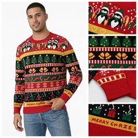 Pull de Noël pour homme, style allemand, motif jacquard Fair Isle, motif pingouin, cloche et sapin, pull de Noël moche