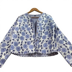 Handmade Cotton Floral Printed Short <b>Jacket</b> for Women Blue White Boho Crop <b>Jacket</b> Ethnic Kantha Style <b>Quilted</b> shrug with sleeve - Product Image 1