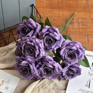 2023 New 10 Head Purple Rose Silk Flowers Wedding Bouquets