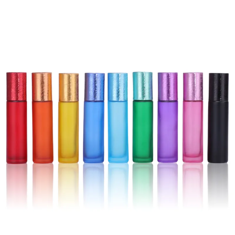 Hot Sale Colorful Round Portable 10ml Matt Glass Perfume Bottle Roll On With Stainless Steel Roller Screw Drawing Color Cap