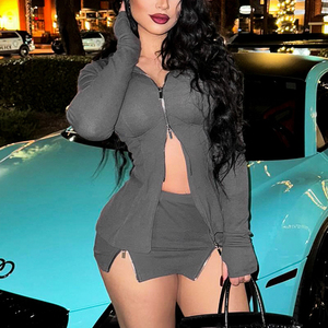 แฟชั่นลำลองแขนยาวซิปหน้ากระโปรงสั้นชุด 2 ชิ้นของผู้หญิงแฟชั่น - Product Image 4