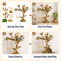 Arbre à chat en bois naturel, tour d'escalade multi-niveaux pour chat, avec porte en forme de chat, poteaux en sisal et balançoire, mobilier d'intérieur pour animaux de compagnie