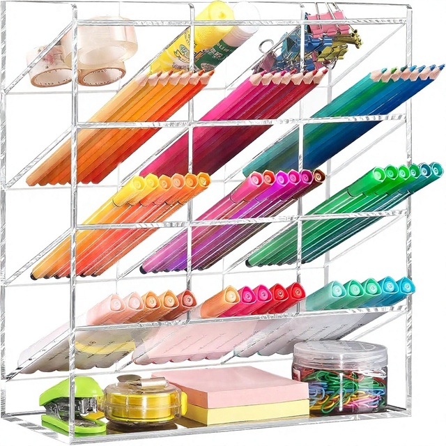 Clear 13-Slot Angled Multi-Compartment Modern Vertical Acrylic Marker Organizer for Office School Art Studio Use