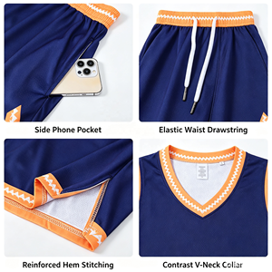 Seragam Basket Klasik Bergaris Kustom Grosir, Set Jersey V-Neck Retro dan Celana Pendek, Produsen Grosir - Product Image 2