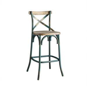 Tabouret de bar en chêne antique avec dossier croisé et structure métallique, mobilier commercial - Product Image 1