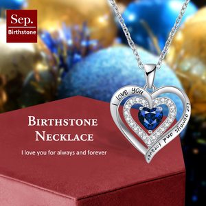Collar con Doble Corazón de Piedra de Nacimiento de Septiembre, Colgante Grabado con la Frase 'Te Amo para Siempre' con Corazón de Zafiro Sintético y Circonita Cúbica Plateada - Product Image 2