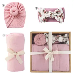 Ensemble de couverture pour nouveau-né en coton doux, bandeau Turban, couleur unie, mousseline, nœud, chapeau pour bébé, 3 pièces