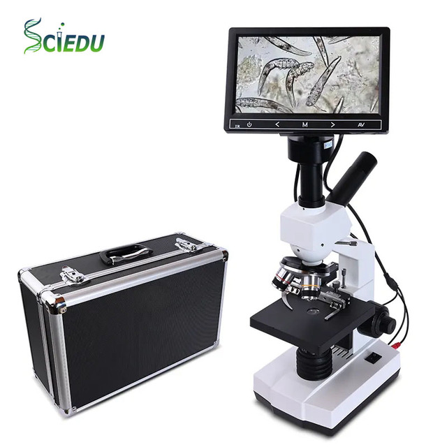 SCIEDU 7-inch LCD Professional Mites Digital Sunshine Compound Microscope Monocular Biological Lab Led 5MP Stereo Microscope