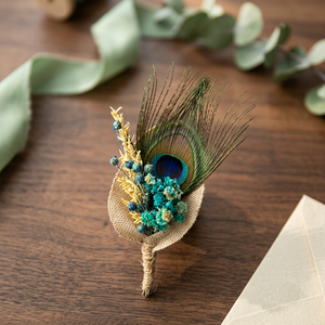 Boutonnière de fleurs séchées faites à la main avec plume de paon, épingle de revers rustique style bohème pour mariage BU-024 - Product Image 2