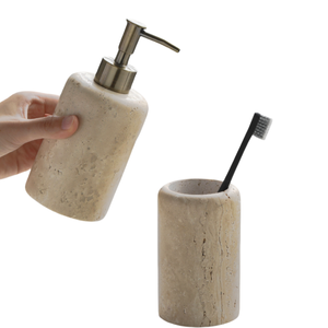 Ensemble d'accessoires <span class=keywords><strong>de</strong></span> salle <span class=keywords><strong>de</strong></span> bain <span class=keywords><strong>en</strong></span> marbre travertin NANWEI - 5 pièces - <span class=keywords><strong>Distributeur</strong></span> <span class=keywords><strong>de</strong></span> <span class=keywords><strong>savon</strong></span> <span class=keywords><strong>en</strong></span> <span class=keywords><strong>pierre</strong></span> beige + Porte-brosse à dents avec accents <span class=keywords><strong>en</strong></span> laiton - Product Image 2