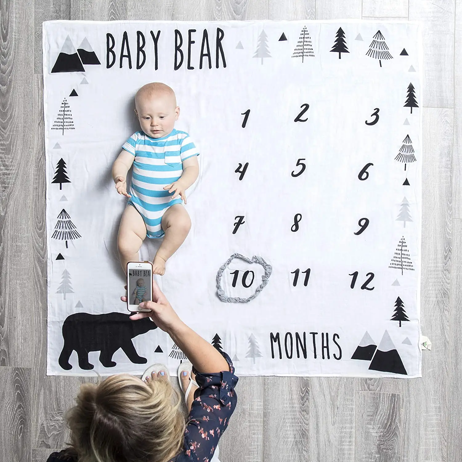 공장 도매 인쇄 곰 삼림 지대 산맥 신생아를위한 이정표가있는 월간 달력 아기 담요