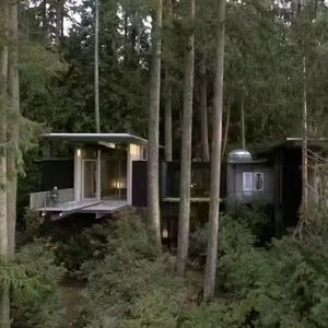 ฟอเรสท์วอเตอร์ฟร้อนท์ดีไซน์บ้านไม้ยกระดับพร้อมผนังกระจกธรรมชาติสำหรับใช้ในการล่าถอย - Product Image 1