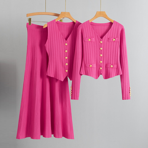 Conjunto de Punto de 3 Piezas <span class=keywords><strong>para</strong></span> Mujer, Top de <span class=keywords><strong>Chaleco</strong></span> <span class=keywords><strong>con</strong></span> Botones Dorados, Falda de Cintura Alta en Línea A, <span class=keywords><strong>Trajes</strong></span> Elegantes Casuales de Oficina - Product Image 5