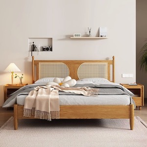 Nordic Style <b>Rattan</b> Solid Wood Bed 1.8M Platform Bed Space Saving Master Bedroom Furniture Ash Wood Double Size - Product Image 2