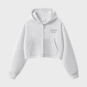 Sweat à capuche zippé court personnalisé avec broderie pour homme, veste polaire oversize grise en polyester/coton, streetwear OEM pour l'automne - Product Image 1