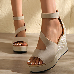 Women Perforated Wedge Summer New Suede Back Zipper European and American Style Platform Thick Sole Peep Toe <b>Sandals</b> - Product Image 3