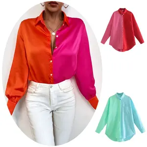 Women для Two Tone Color Block Silk Blouse, Long Sleeve Tops, Loose Streetwear, pink и Red Dress, Satin Shirts, Funny