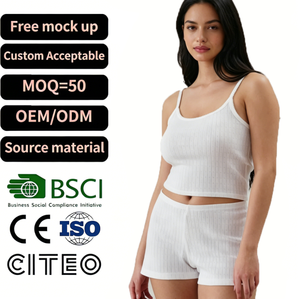 Set Pigiama Estivo da <span class=keywords><strong>Donna</strong></span> in Due Pezzi con Logo Personalizzato, Ecologico e Traspirante in Misto Cotone Pointelle, Top Corto e Pantaloncini con Logo Frontale - Product Image 1