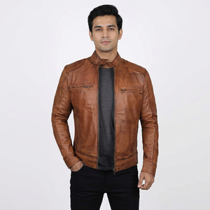 Mastering Coated <b>Leather</b> <b>Jacket</b> with Stand Collar-Vintage Style <b>Men's</b> Varsity <b>Jacket</b> for Autumn - Product Image 1