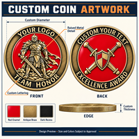 Pièces de défi personnalisées en laiton antique avec émail rouge et relief 3D, récompenses d'équipe commémoratives d'entreprise, cadeaux de collection