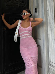 فستان شاطئ مثير عالي الجودة بتصميم مجوف وحمالات بألوان متباينة يبرز تفاصيل الجسم مع شق طويل للنساء - Product Image 5