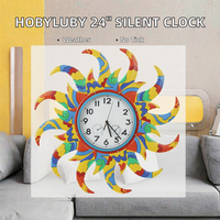 HOBYLUBY Jam Dinding Analog 24 Inci Tanpa Suara Berdetak, Termometer, Pengukur Kelembapan, Dekorasi Matahari, untuk Teras, Ruang Tamu, Dekorasi Rumah