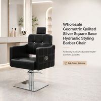 Fauteuil de Barbier Hydraulique Matelassé Géométrique avec Base Carrée Argentée, Chaise de Coiffure pour Salons de Beauté, OEM ODM Vente en Gros