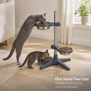 Adjustable Raised <b>Cat</b> <b>Feeder</b> Dual Stainless Steel Bowls Non Slip Base for <b>Cats</b> and Small Dogs Modern Design Indoor Use - Product Image 2