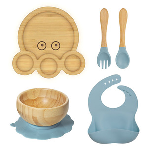 Haute qualité écologique <span class=keywords><strong>bambou</strong></span> pieuvre Animal plaque d'aspiration ensemble <span class=keywords><strong>bambou</strong></span> naturel cuillère fourchette vaisselle bol pour enfants - Product Image 2