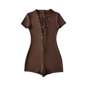 Viviblook Z717RP01 2025 couleur unie décontracté fille chaude Sexy cordon sangle col en v profond à manches courtes coupe ajustée une pièce barboteuse - Product Image 3