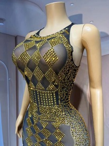 Tuta Sexy Trasparente in Rete Nera con Brillanti Strass Dorati per Danza dello Xinjiang, Abbigliamento da Festa per Cantanti e Ballerine - Product Image 5