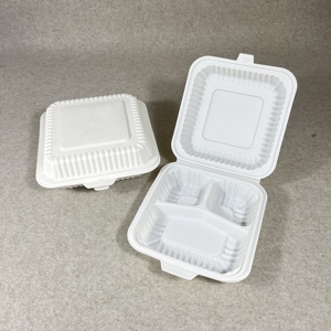 Contenedores de Alimentos de Plástico con Tapa para Almuerzo Caliente/Frío, Biodegradables, 100% Compostables, de Almidón de Maíz <span class=keywords><strong>Blanco</strong></span>, Cuadrados de 8 y 9 Pulgadas, con 3 Compartimentos - Product Image 3