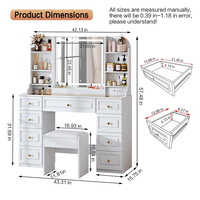Grande coiffeuse moderne avec 9 tiroirs et tabouret, bureau de maquillage avec lumières LED et miroir, plateau en verre, organisateur de bureau