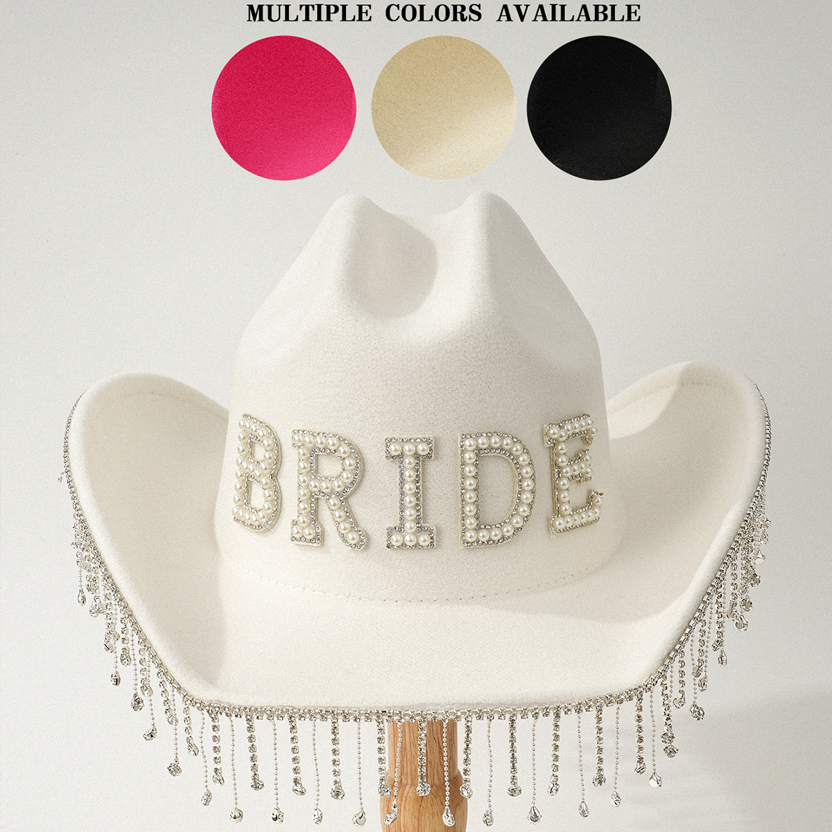 Bride Cowgirl Hat Set with Rhinestone Tassels & Sash for Bachelorette Party Sylet Bride Rhinestone Cowboy Hat, Bling Cowgirl Hat (White  main image 2